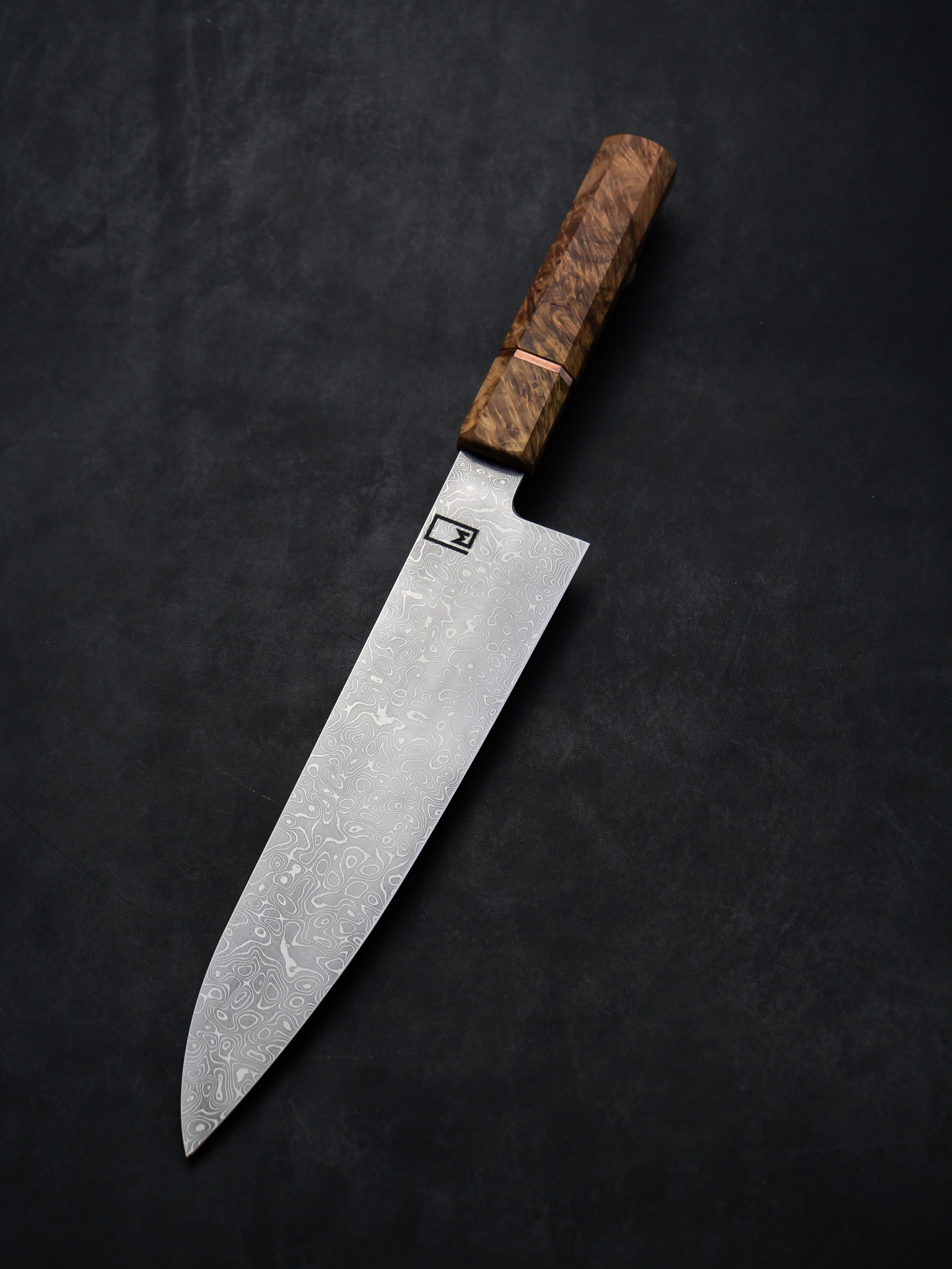 Gyuto – Stainless Damascus Steel, Maple Burl & Copper
