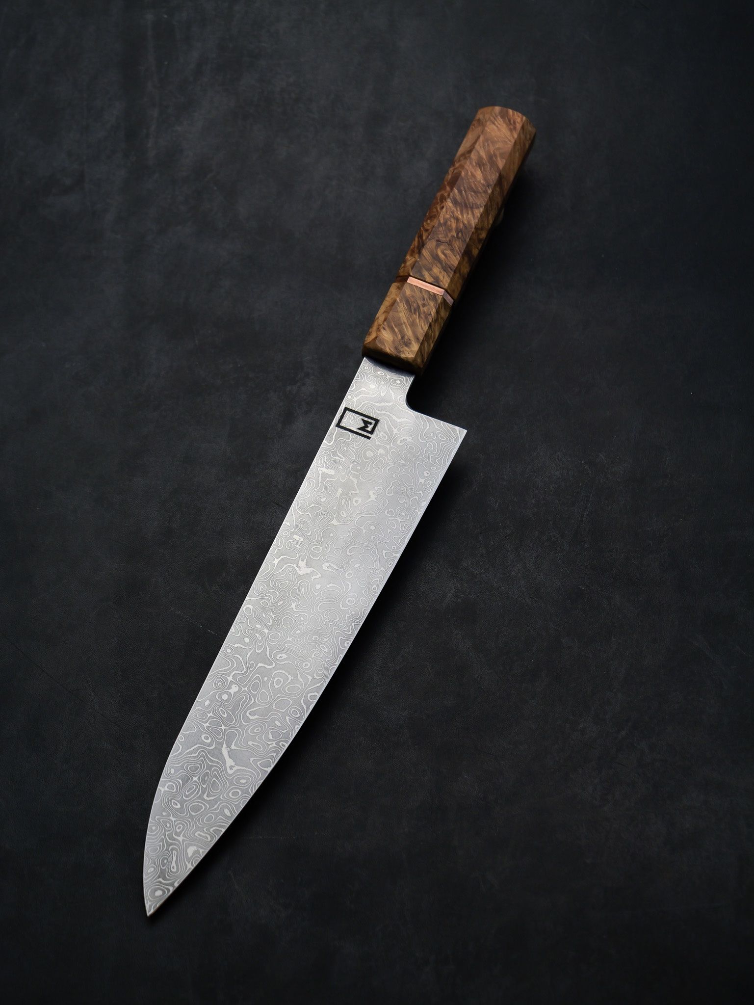 Gyuto – Stainless Damascus Steel, Maple Burl & Copper by Monolith Knives