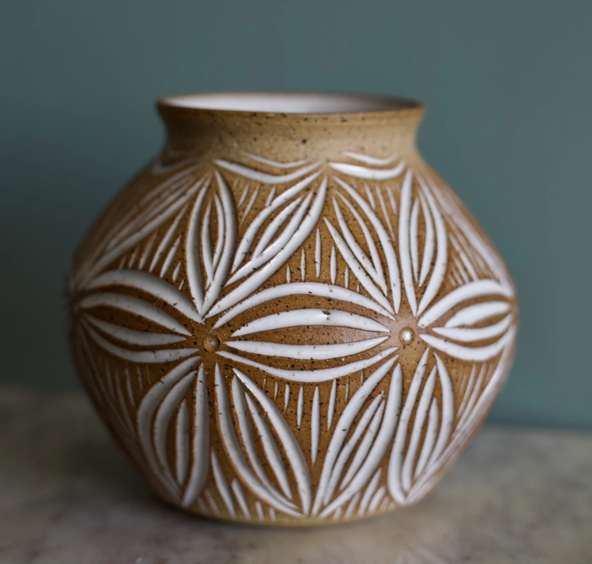 Carved Floral Vase by Stoneware by Susannah Wilson