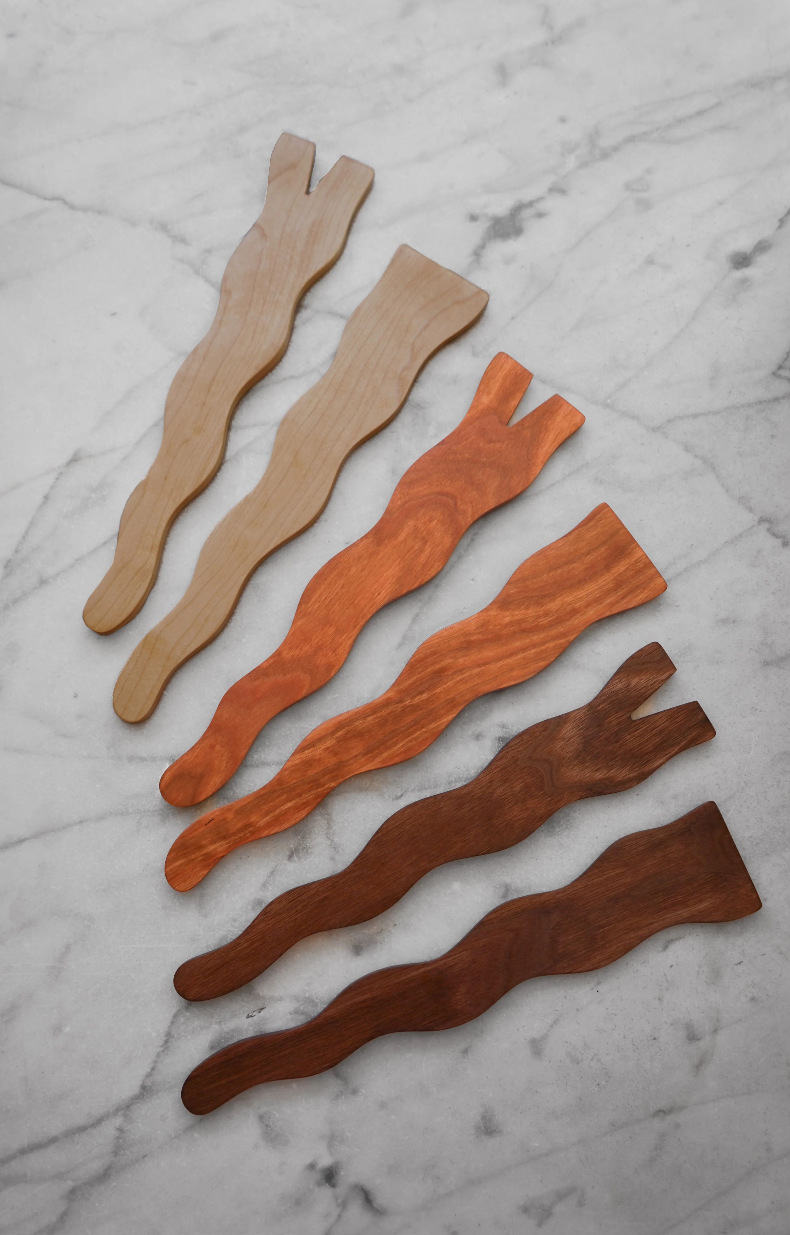 Flat Line - Wavy Salad Set - Walnut, Cherry, or Maple Wood by Four Leaf Wood Shop 